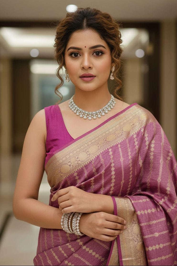 woman wearing pink saree indoors