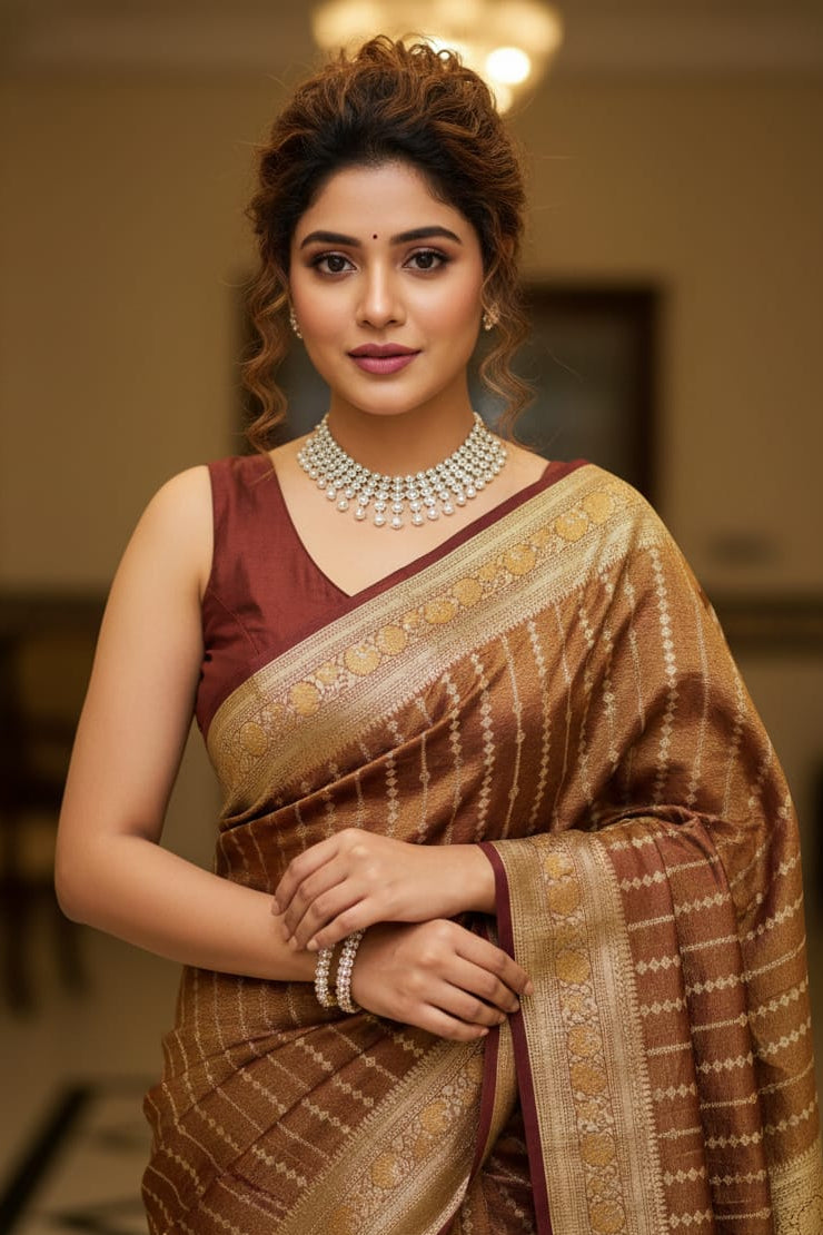 woman in a striped brown saree indoors