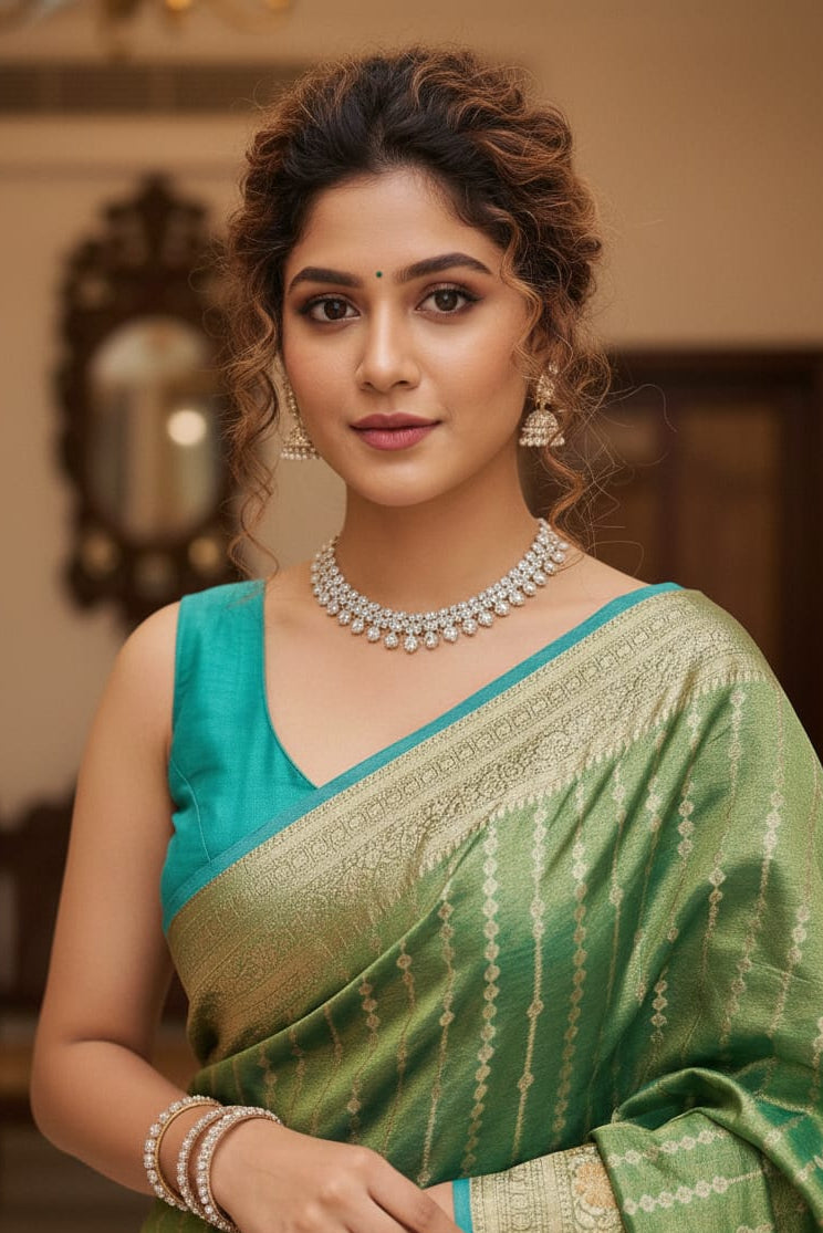 woman in a striped green saree indoors