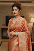 woman wearing orange striped saree in a room