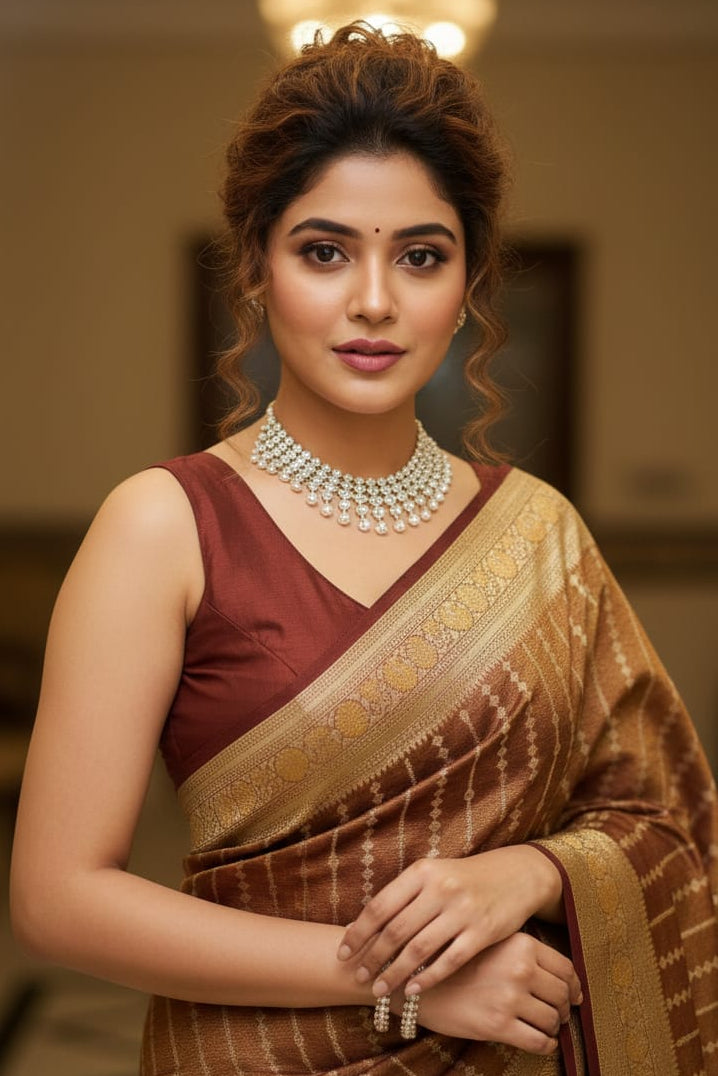 woman in a striped brown saree