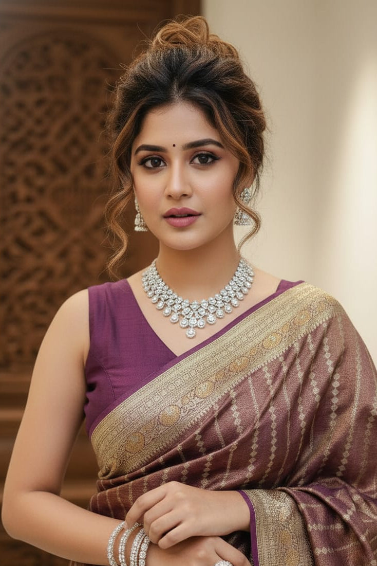woman in a striped purple saree outdoors