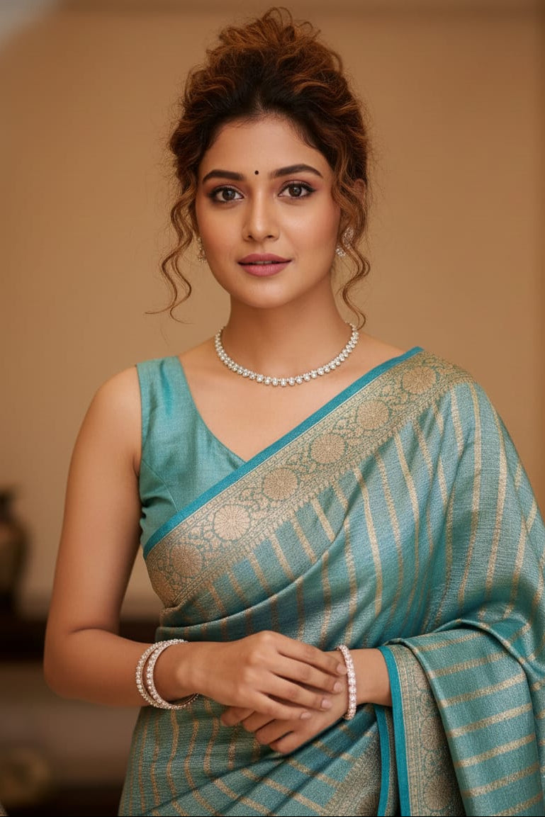 woman in a blue striped saree indoors