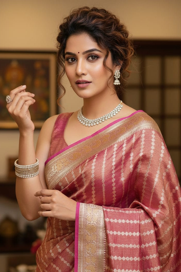 woman in a red striped saree indoors