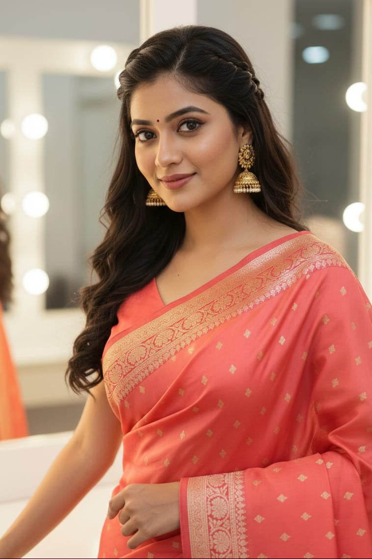 Woman wearing a pink saree with a blurred background
