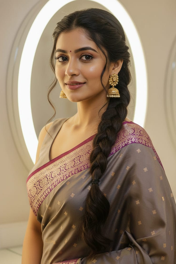 Woman in a saree with intricate patterns and jewelry against a neutral background