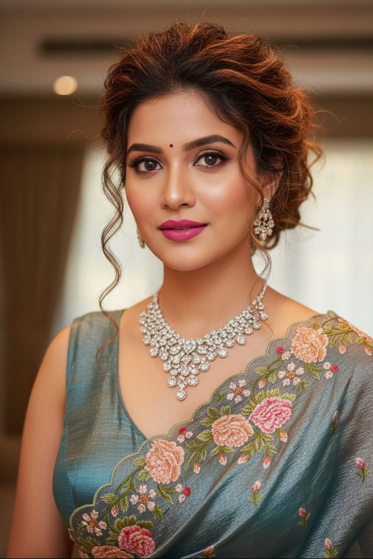 woman wearing floral saree indoors