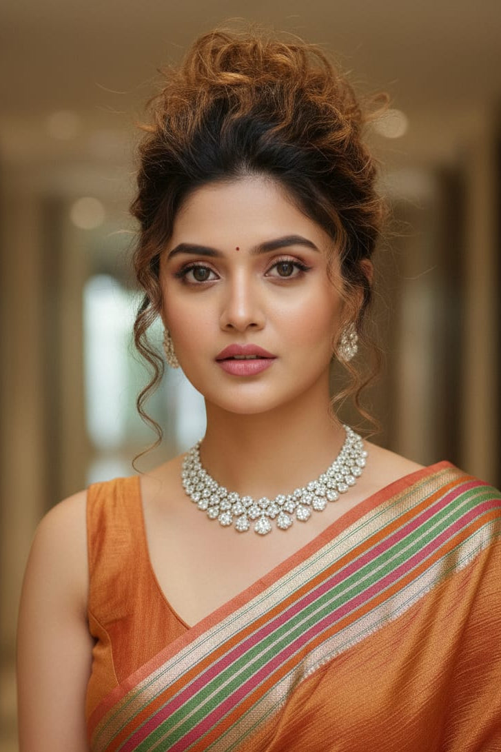 woman in orange saree indoors