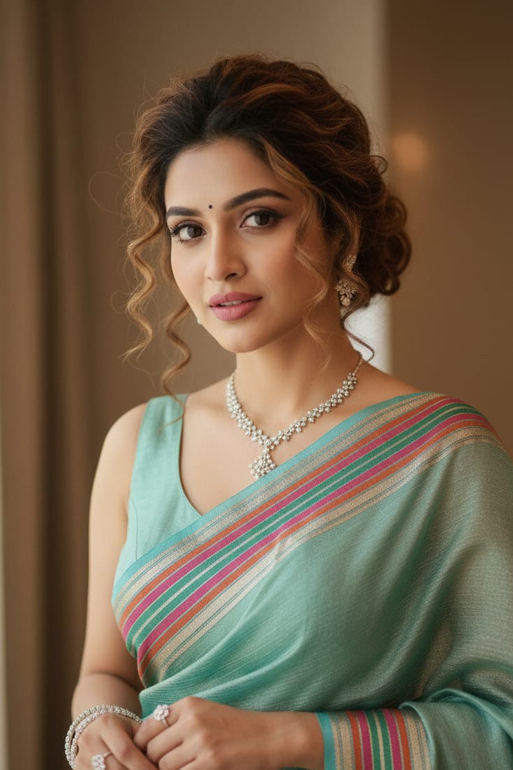 woman wearing blue saree indoors