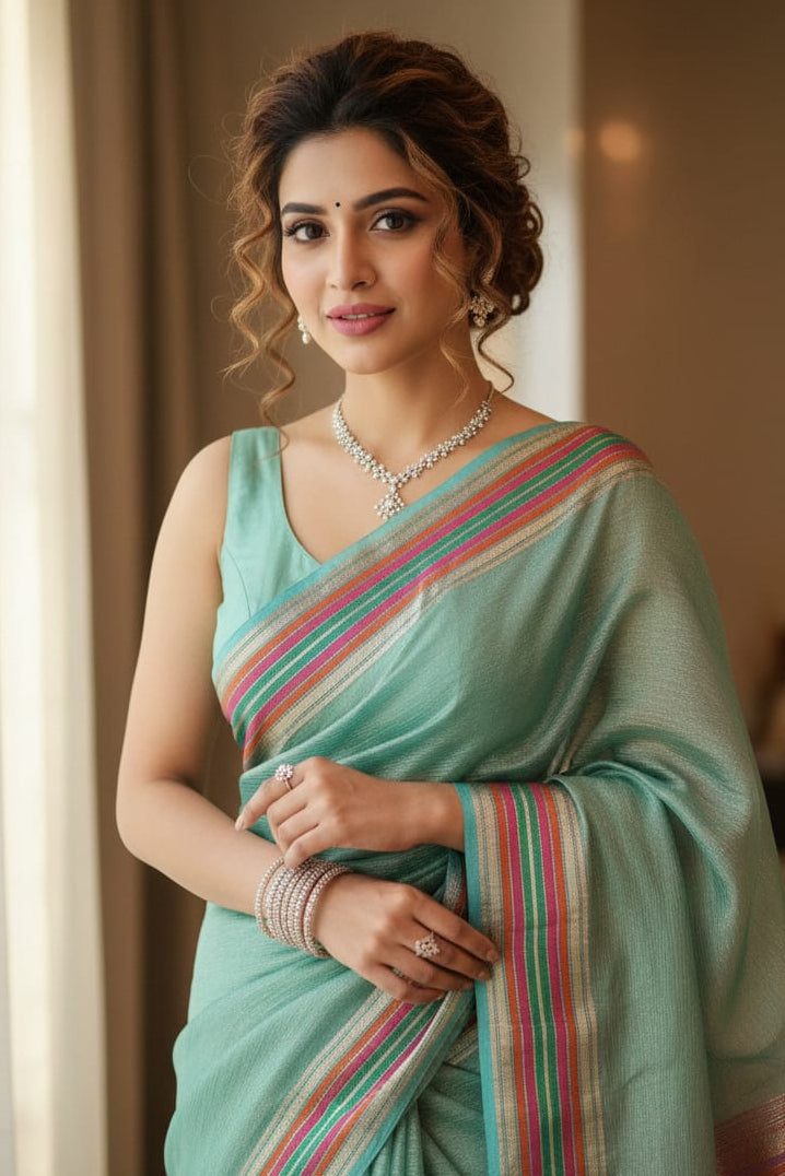 woman in blue saree in a room