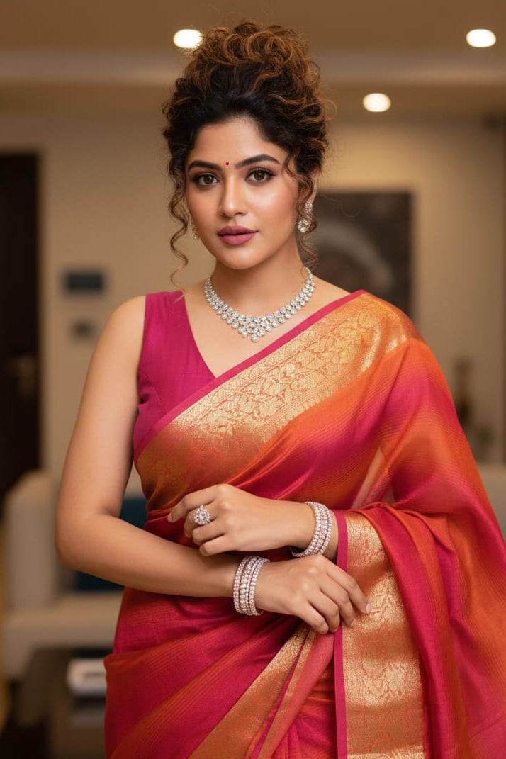 Woman in a red and orange saree with jewelry indoors