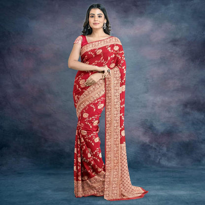 Banarasi Viscose Georgette Red Silk Saree 3