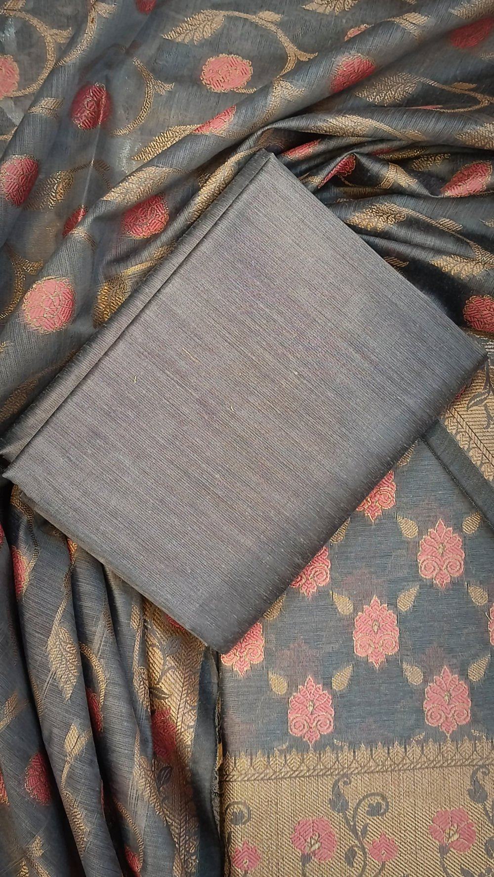 Banarasi Cotton Silk 3pc Suit grey 2