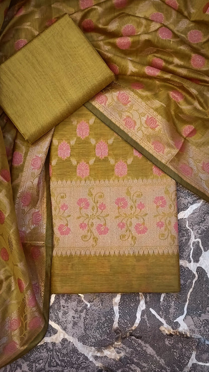 Banarasi Cotton Silk 3pc suit mehendi 1