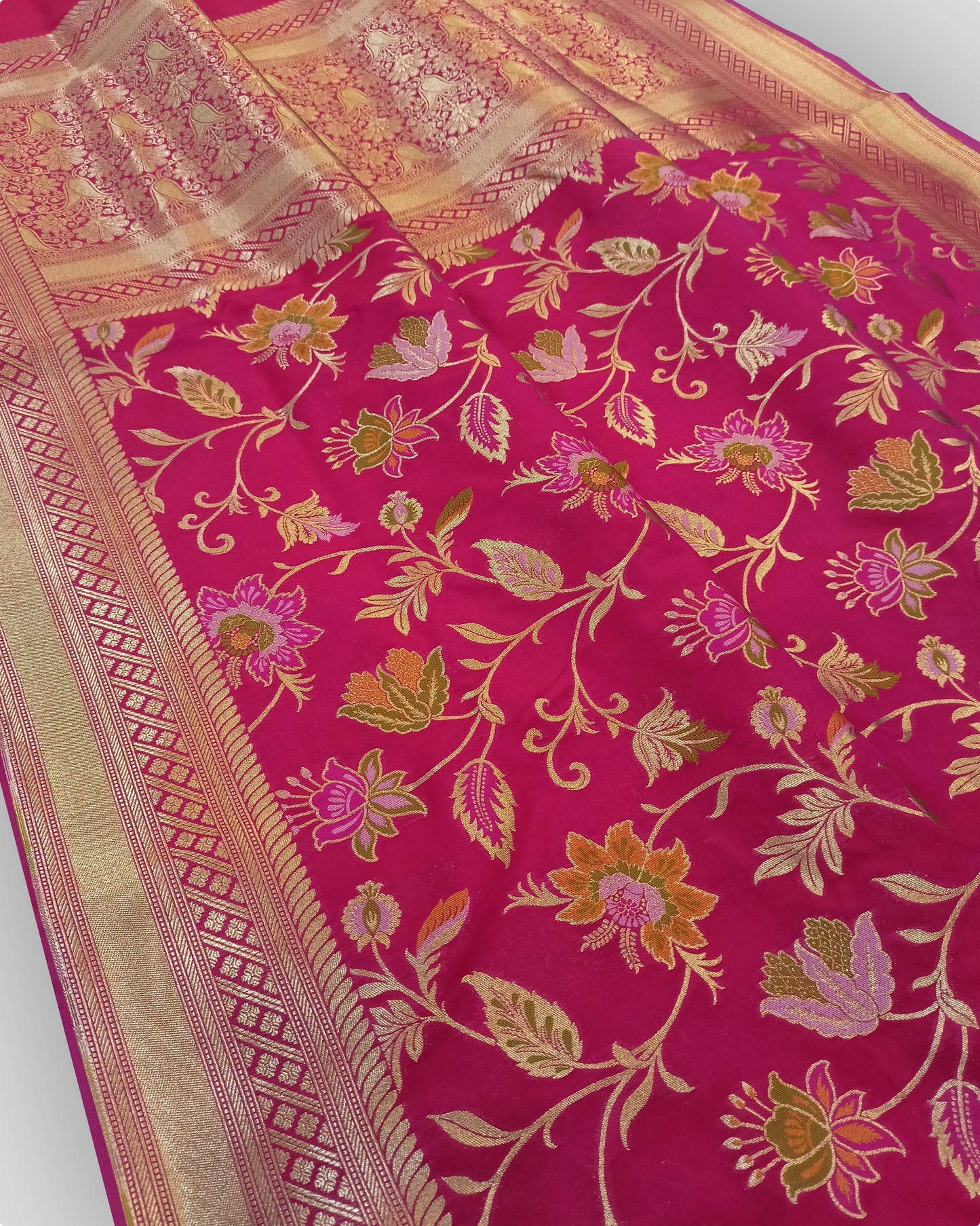 Pink Royal Bloom - Banarasi Katan Silk Saree with Vibrant Meenakari