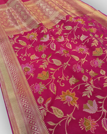 Pink Royal Bloom - Banarasi Katan Silk Saree with Vibrant Meenakari