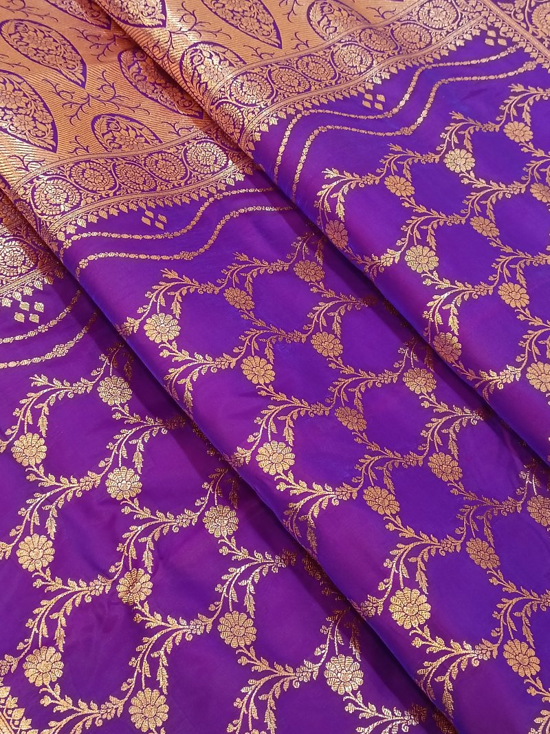 Galaxy Purple Semi-pure Katan Silk Saree close up