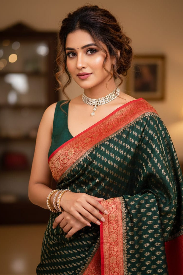 Woman wearing a green saree with a red border indoors