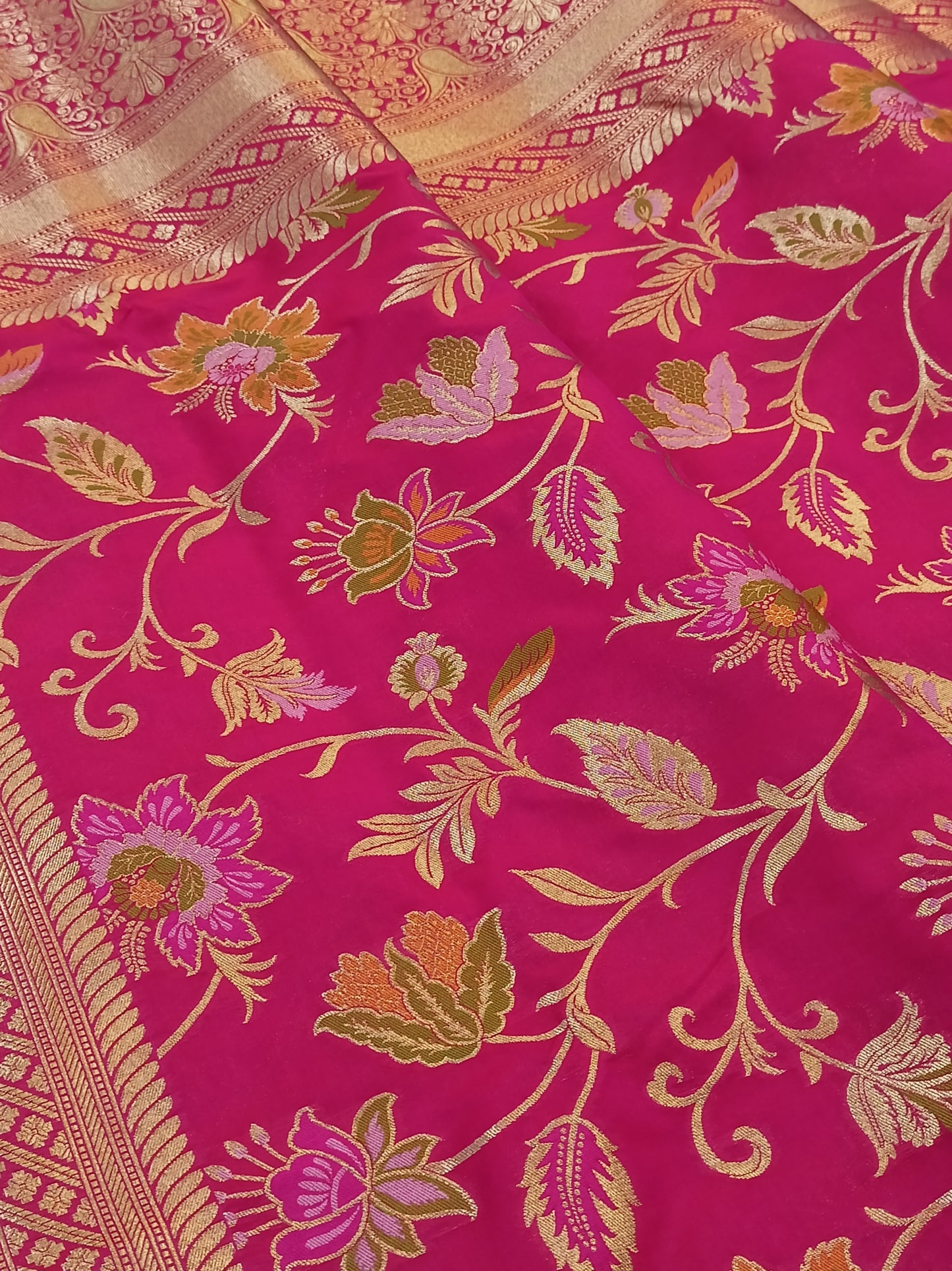 Pink Royal Bloom - Banarasi Katan Silk Saree with Vibrant Meenakari