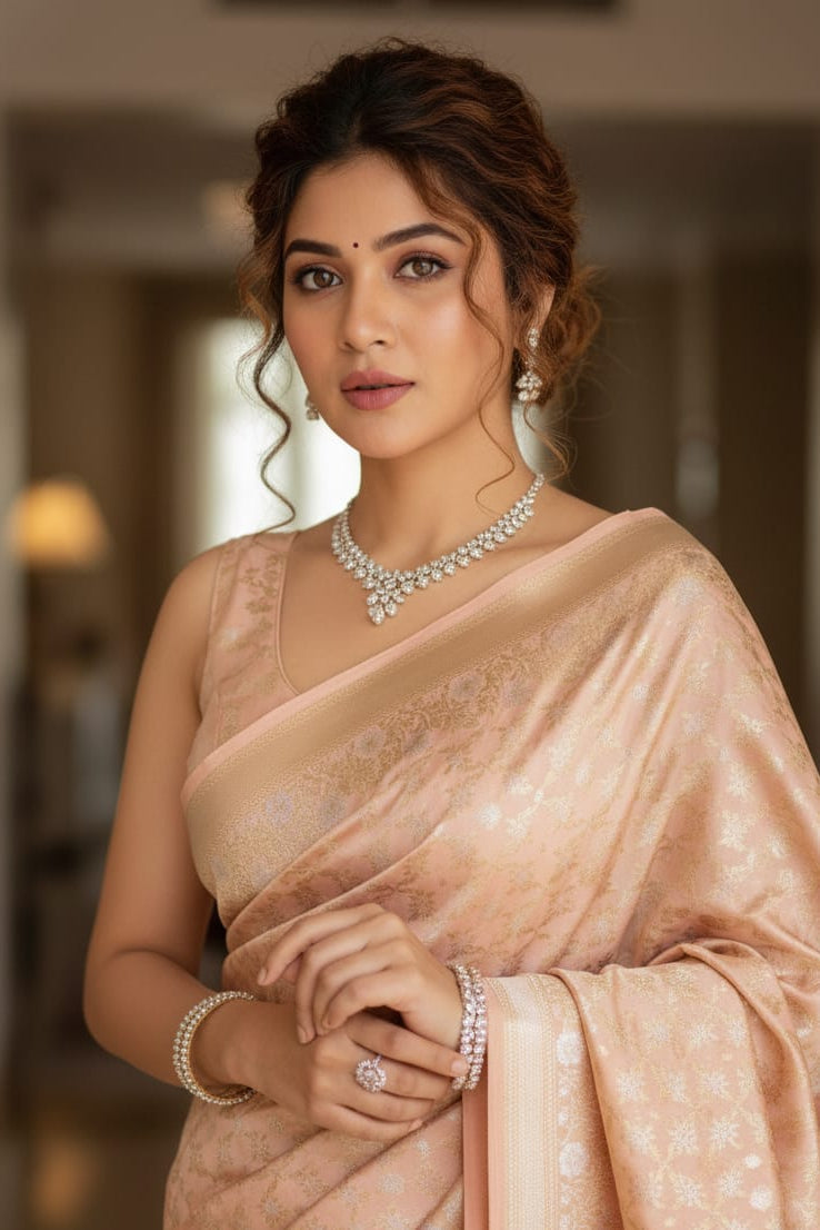 Woman in a peach saree with jewelry indoors