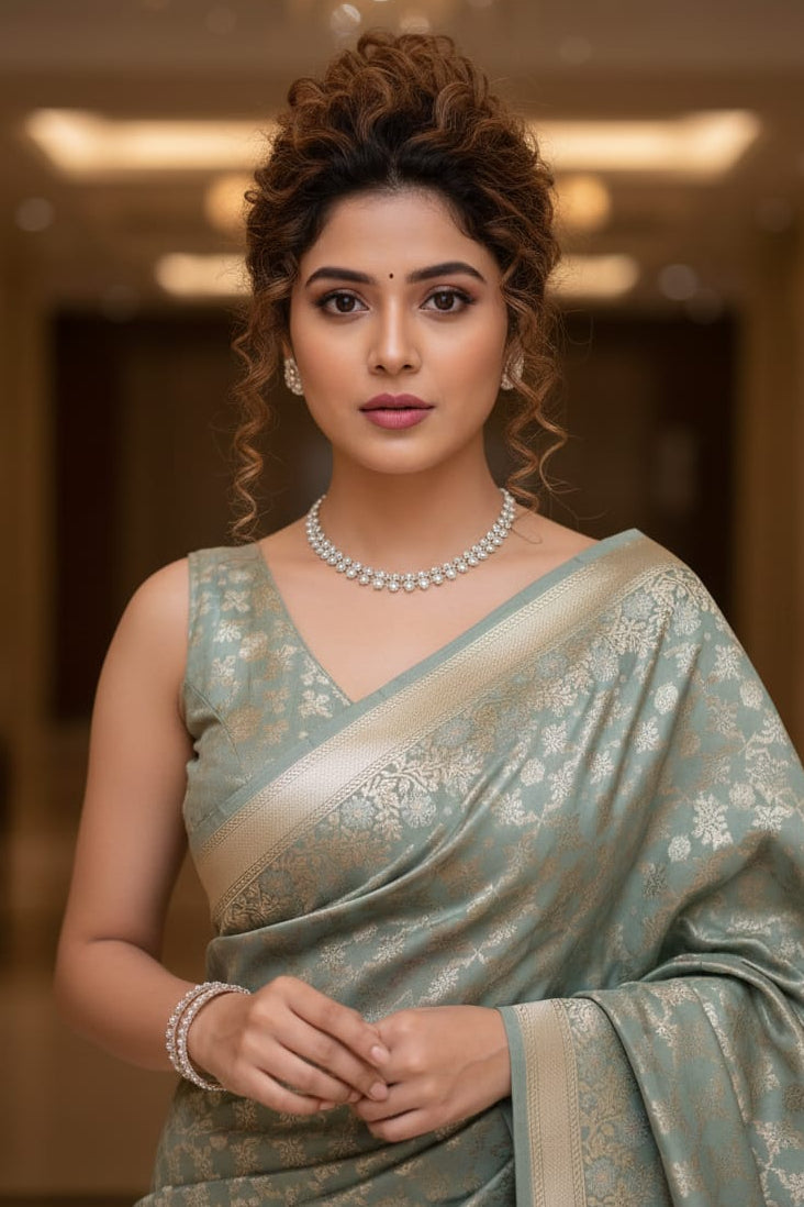 Woman in a traditional saree with a blurred indoor background