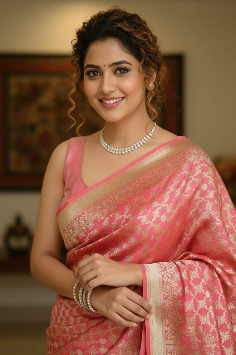 Woman wearing a pink saree with a blurred background