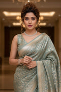 Woman in a light blue saree with a blurred indoor background