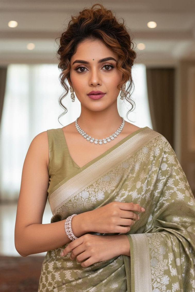 Woman in a green saree with a blurred indoor background