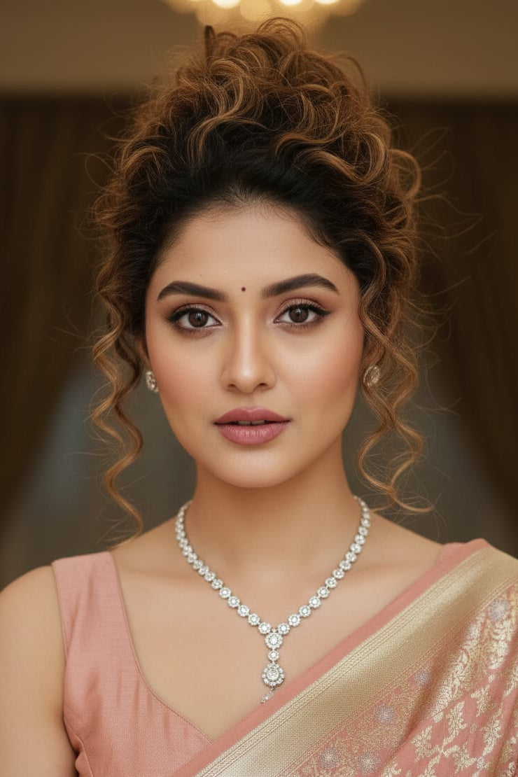 Woman wearing a pink saree with a necklace against a blurred background
