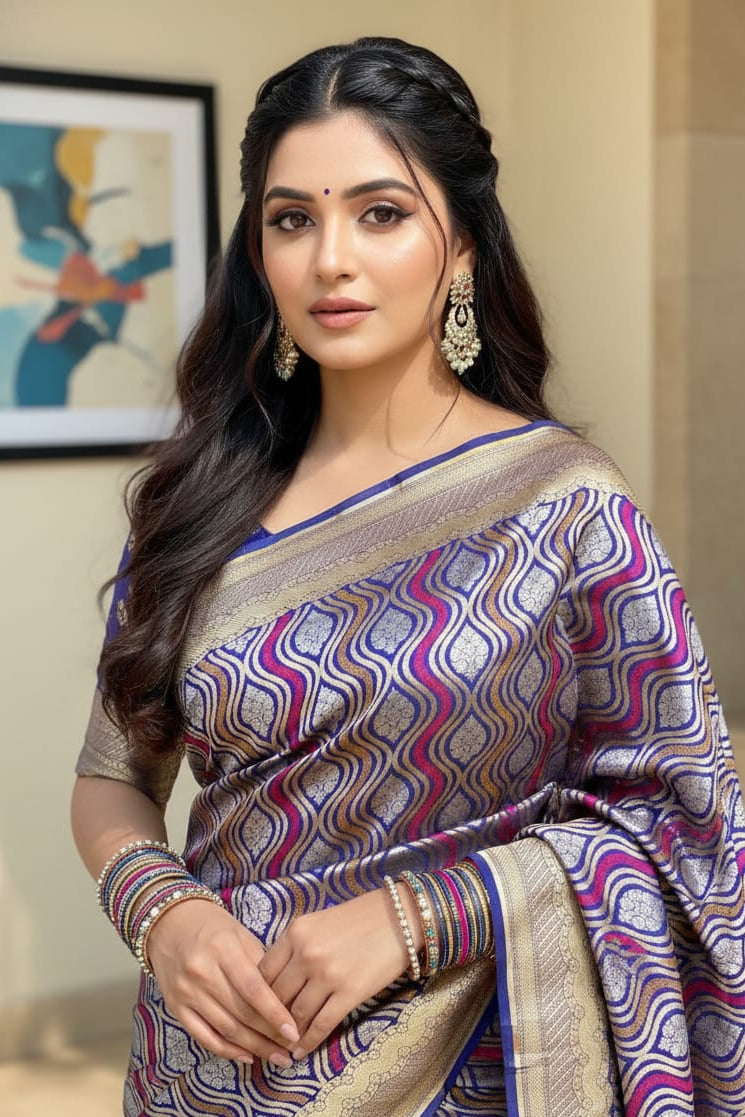 Woman wearing a patterned saree indoors with a blurred background