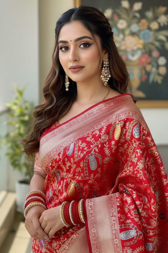 Woman wearing a red saree with gold patterns indoors