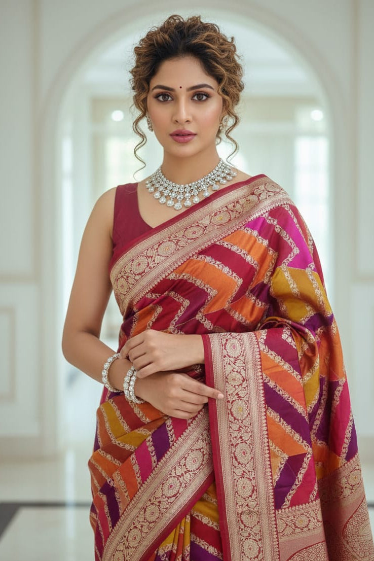 Woman wearing a colorful saree with a white background