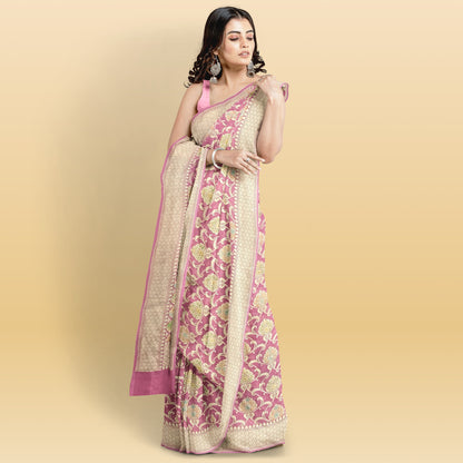 Water Pink Pure Khaddi Georgette Banarasi Saree