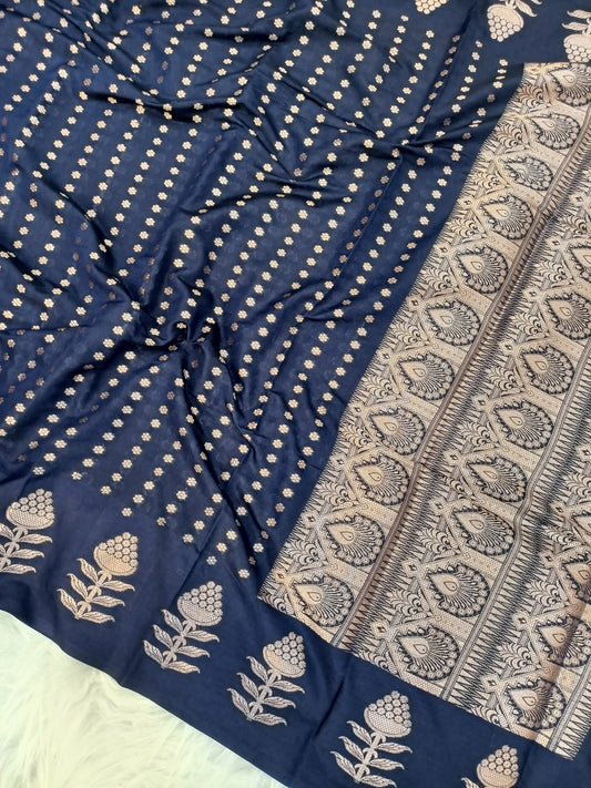 Navy blue banarasi raw mango silk saree with boota border and zari work, raw mango silk, wedding saree