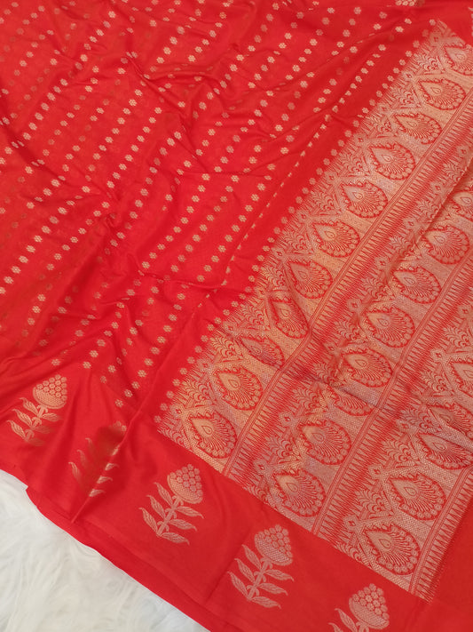 Orange Booti Raw Mango Silk Saree