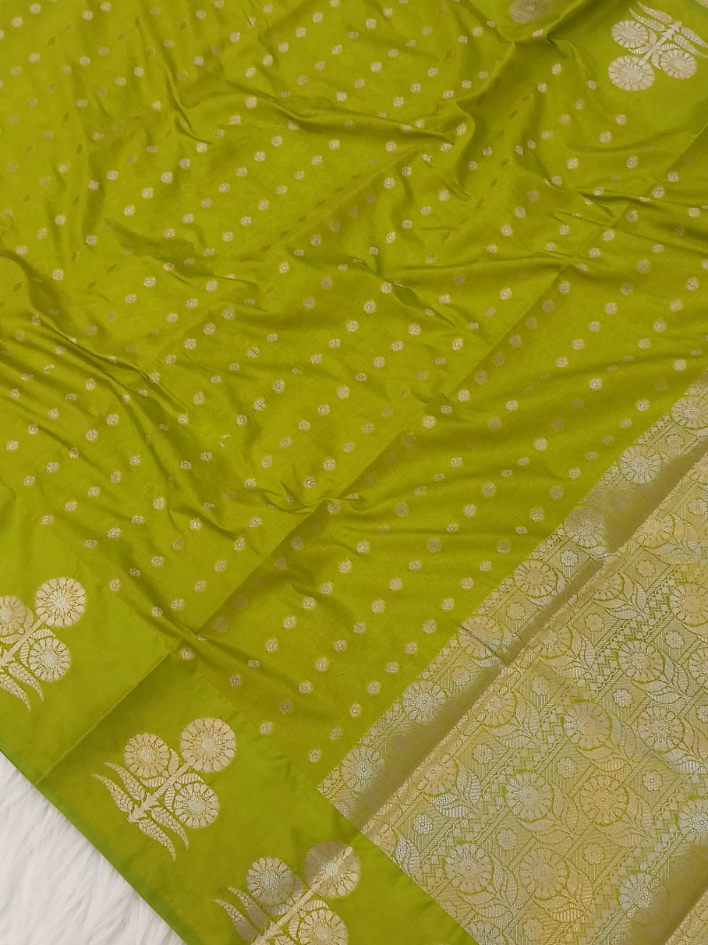 Mehendi Boota Raw Mango Silk Saree with intricate Banarasi silk weaving.