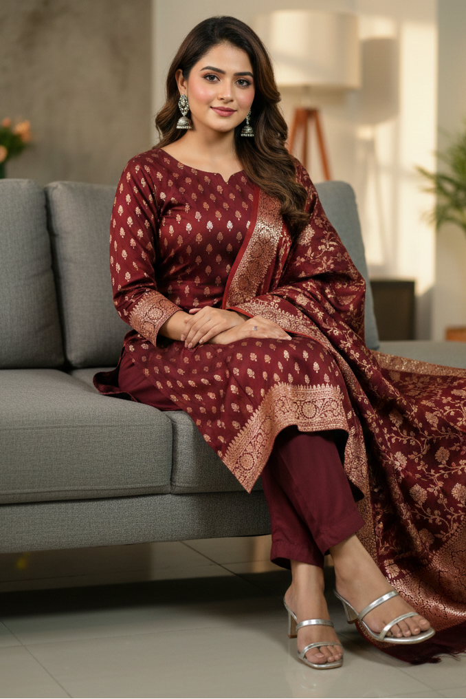 Woman in a maroon traditional outfit sitting on a gray sofa in a modern living room.