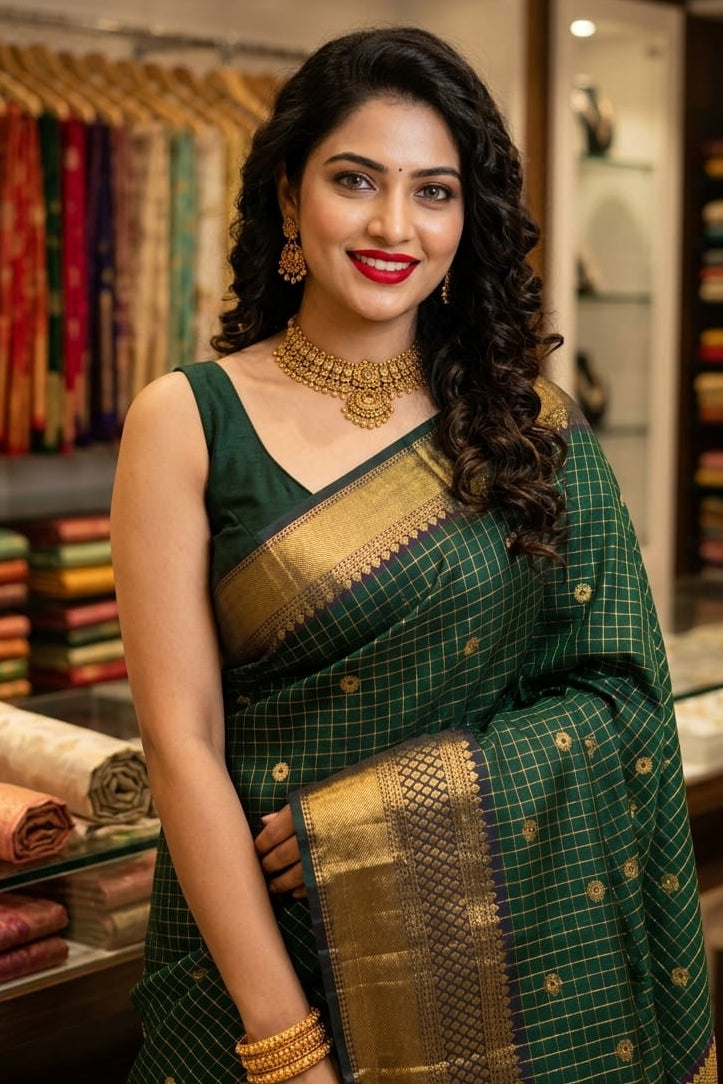 Woman in a green saree with gold border in a store setting