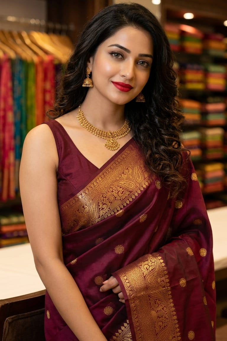 Woman wearing a maroon saree with gold details in a store setting