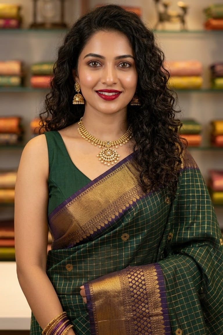 Emerald kanchi banaras checks booti soft silk