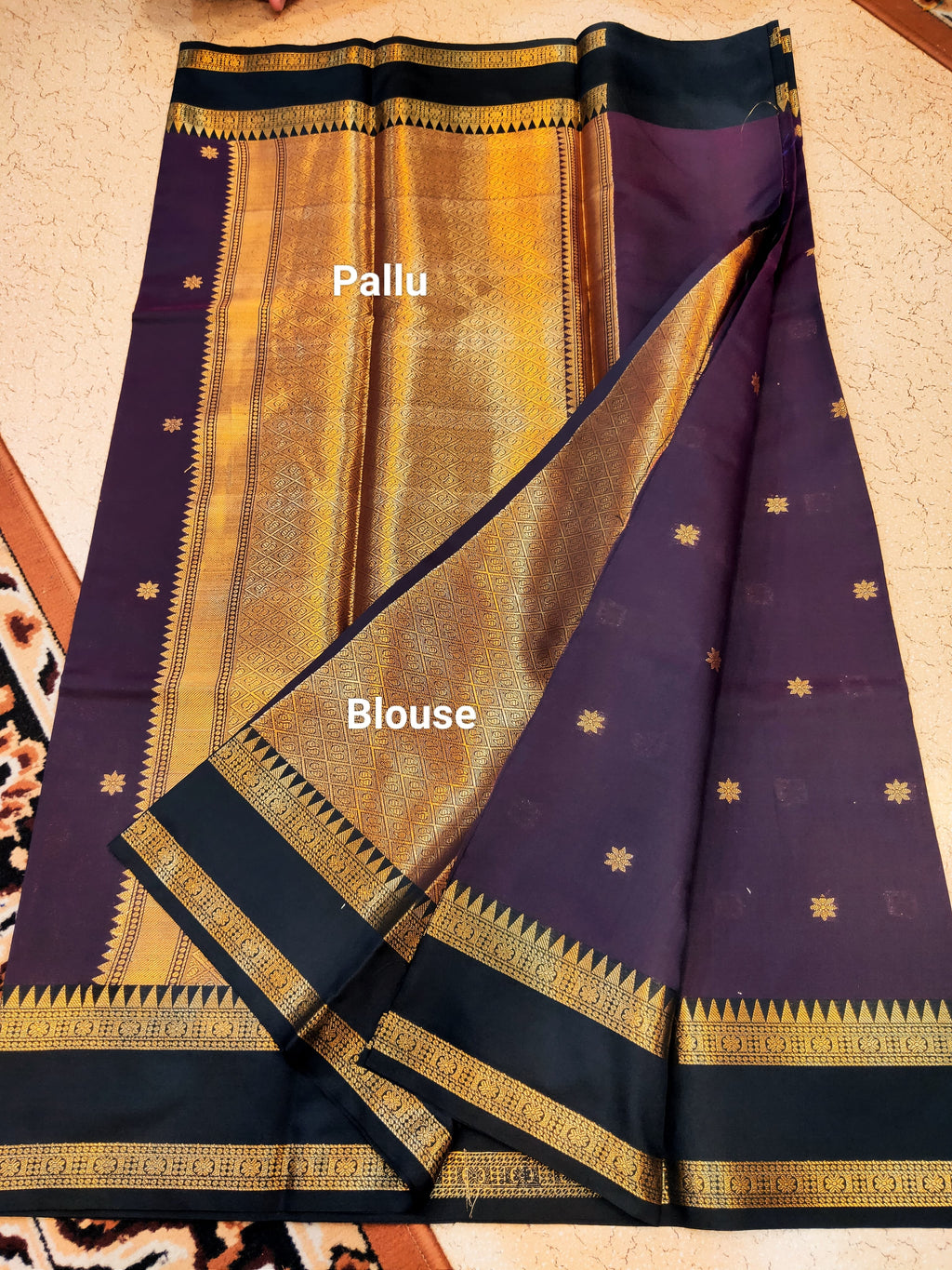 Kanchi Banaras Silk Purple Black Zari Border Saree
