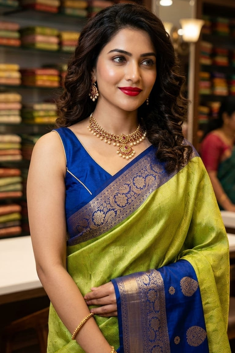 Woman in a green and blue saree with jewelry in a store setting