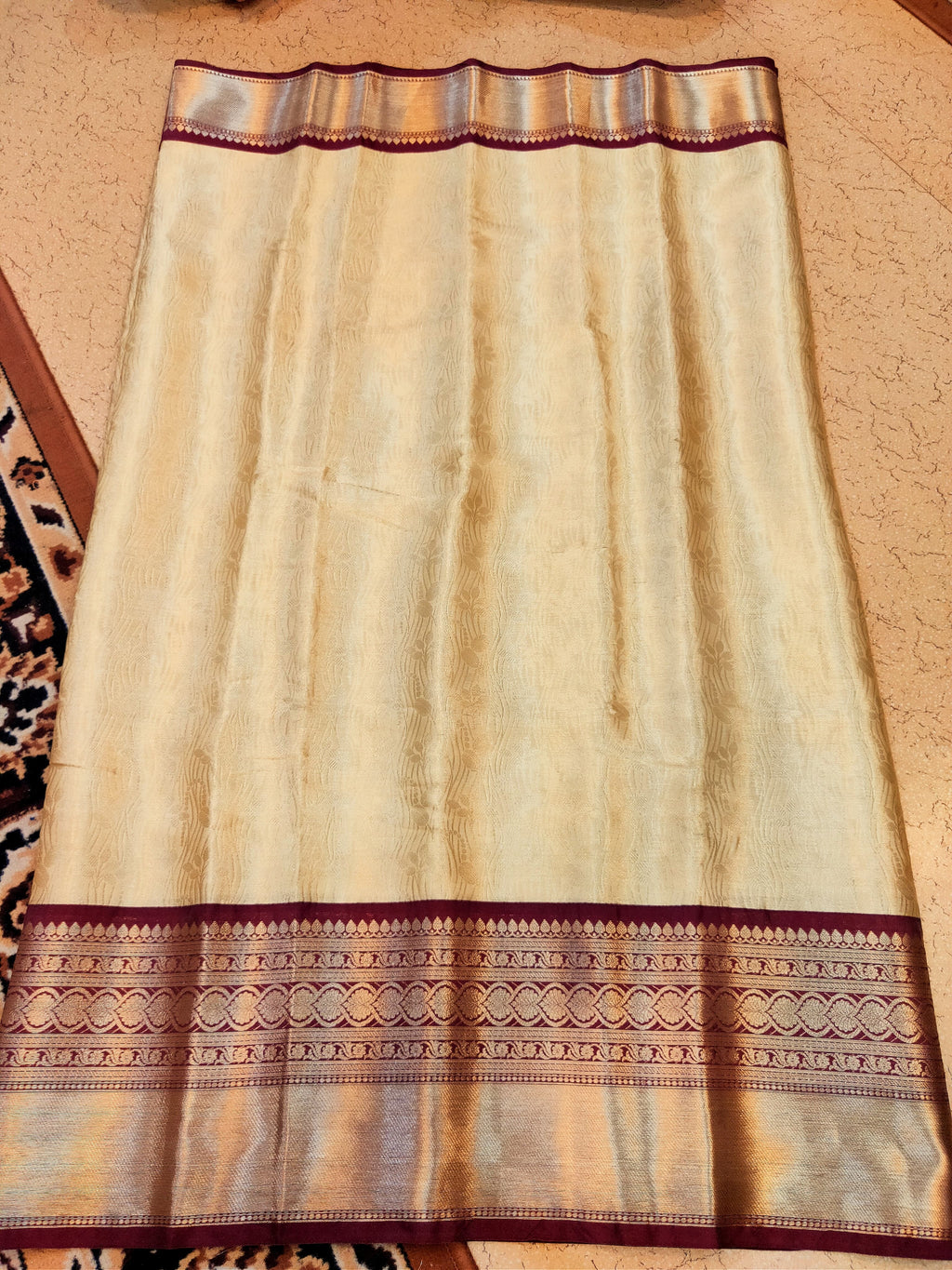 Kanchi Banaras Silk Cream Maroon Zari Border Saree