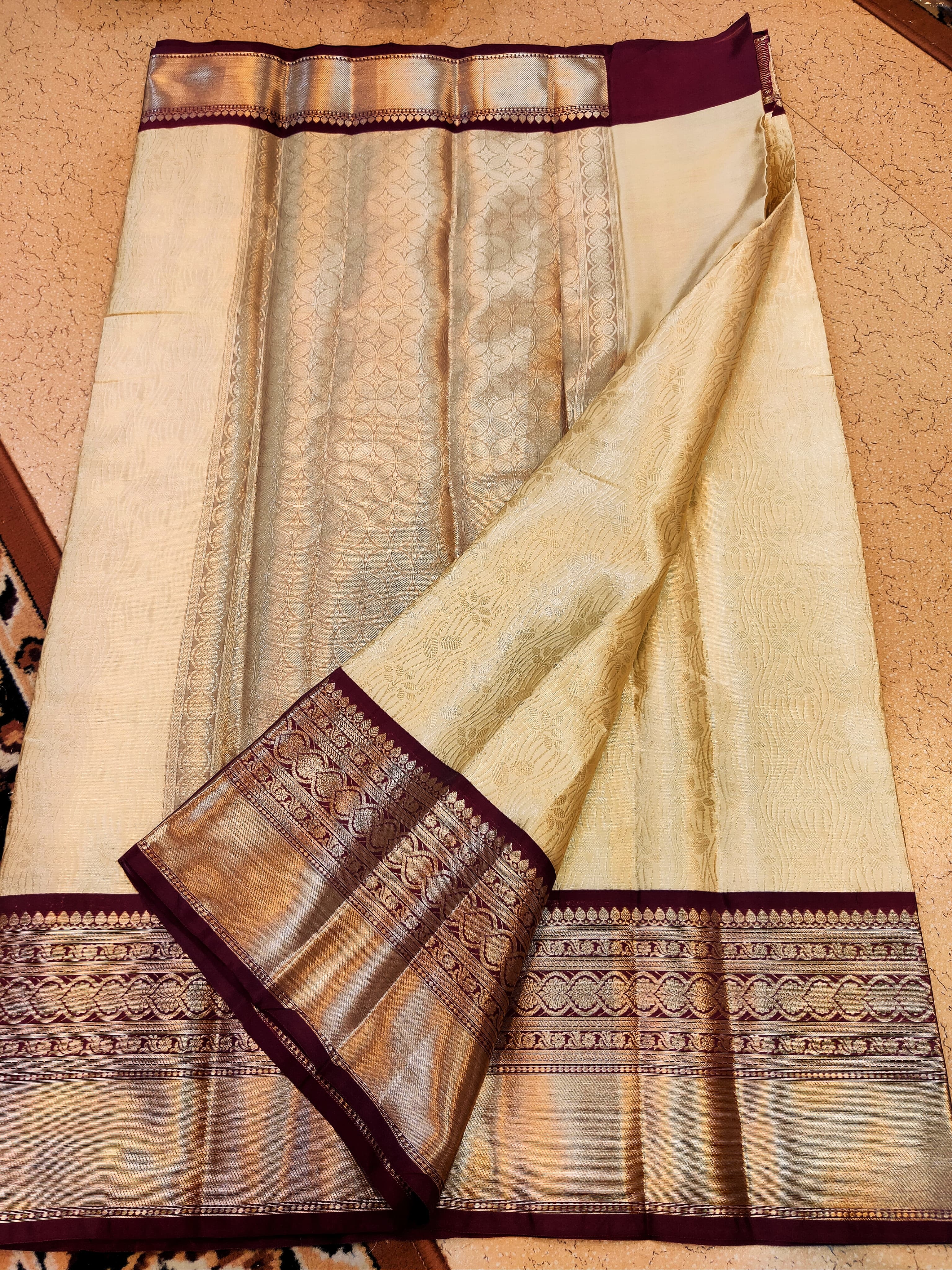 Kanchi Banaras Silk Cream Maroon Zari Border Saree