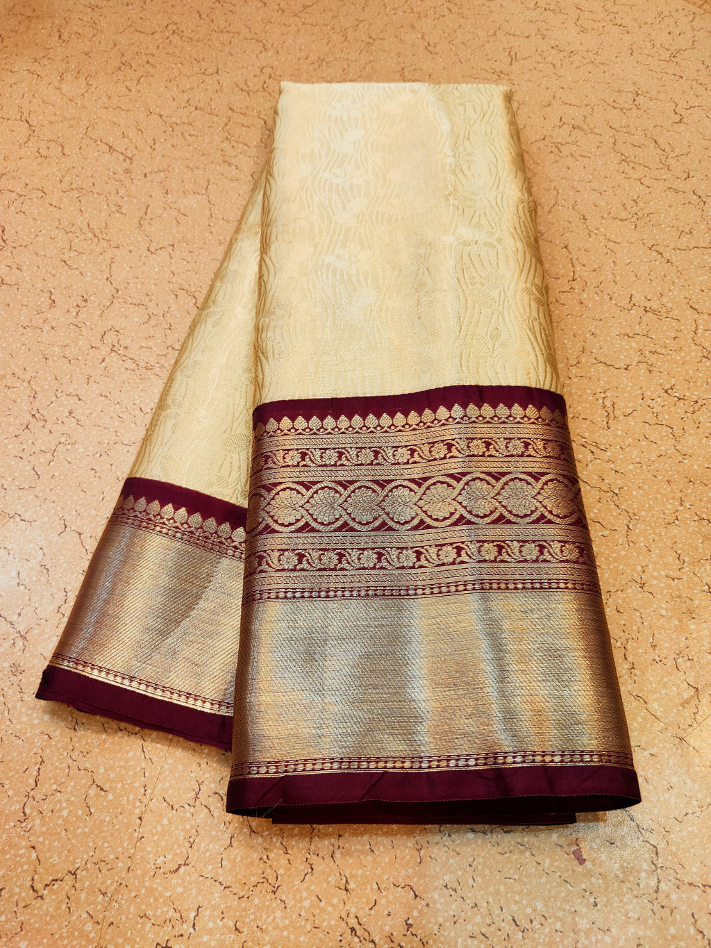 Kanchi Banaras Silk Cream Maroon Zari Border Saree