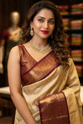 Woman in a traditional saree with jewelry in an indoor setting