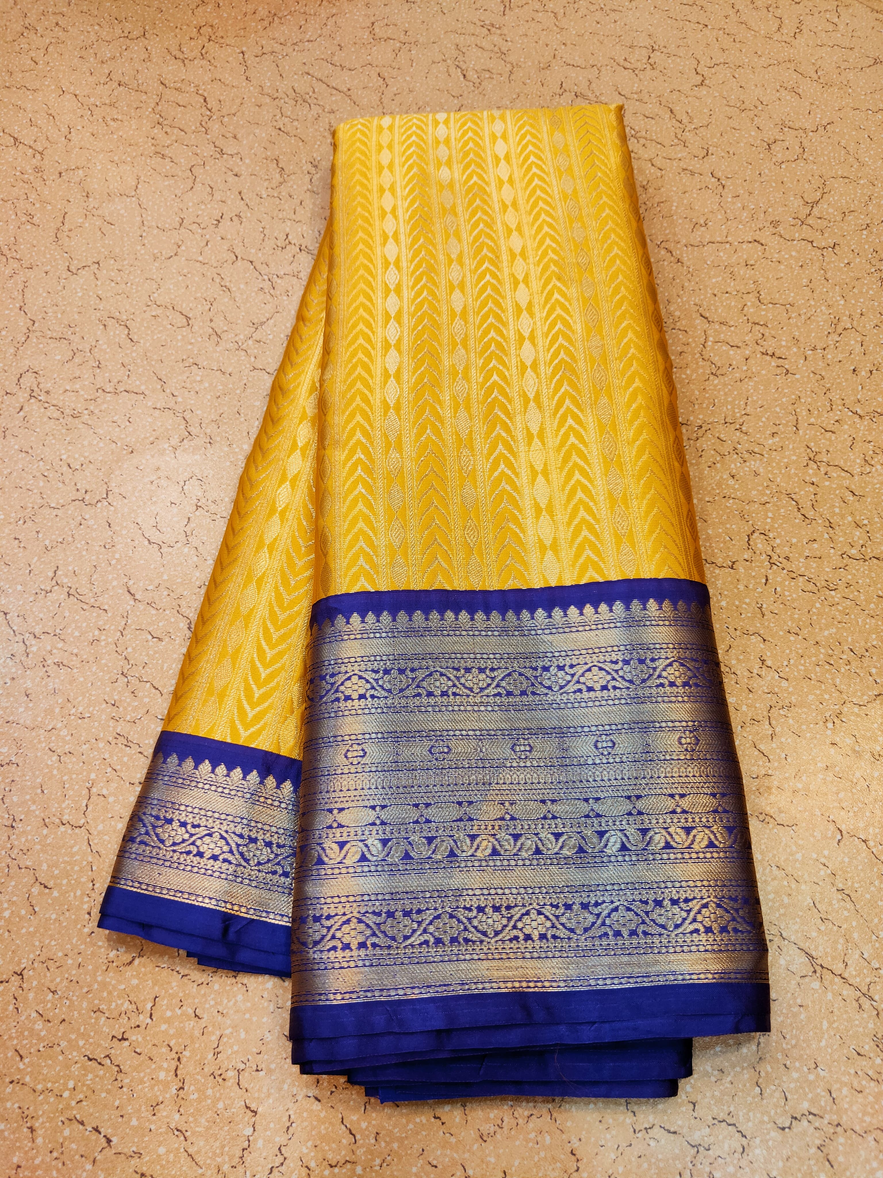 Kanchi Banaras Silk Yellow Blue Zari Border Saree