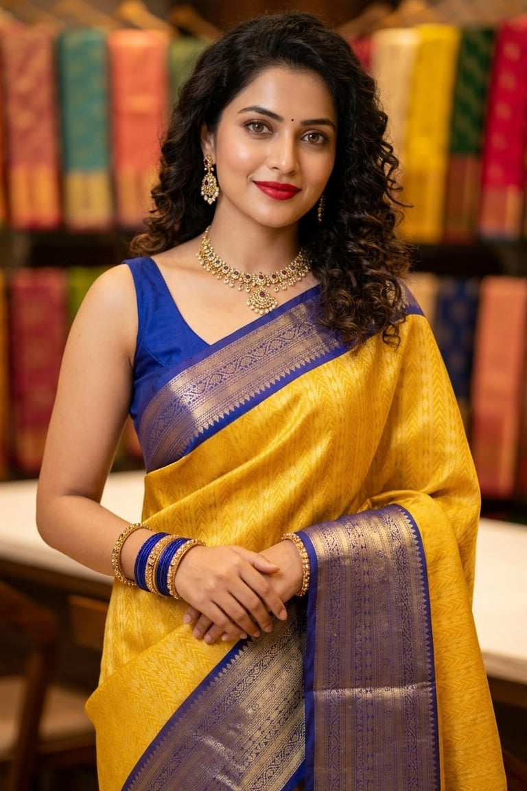 Woman in a yellow saree with a blue blouse in a store setting
