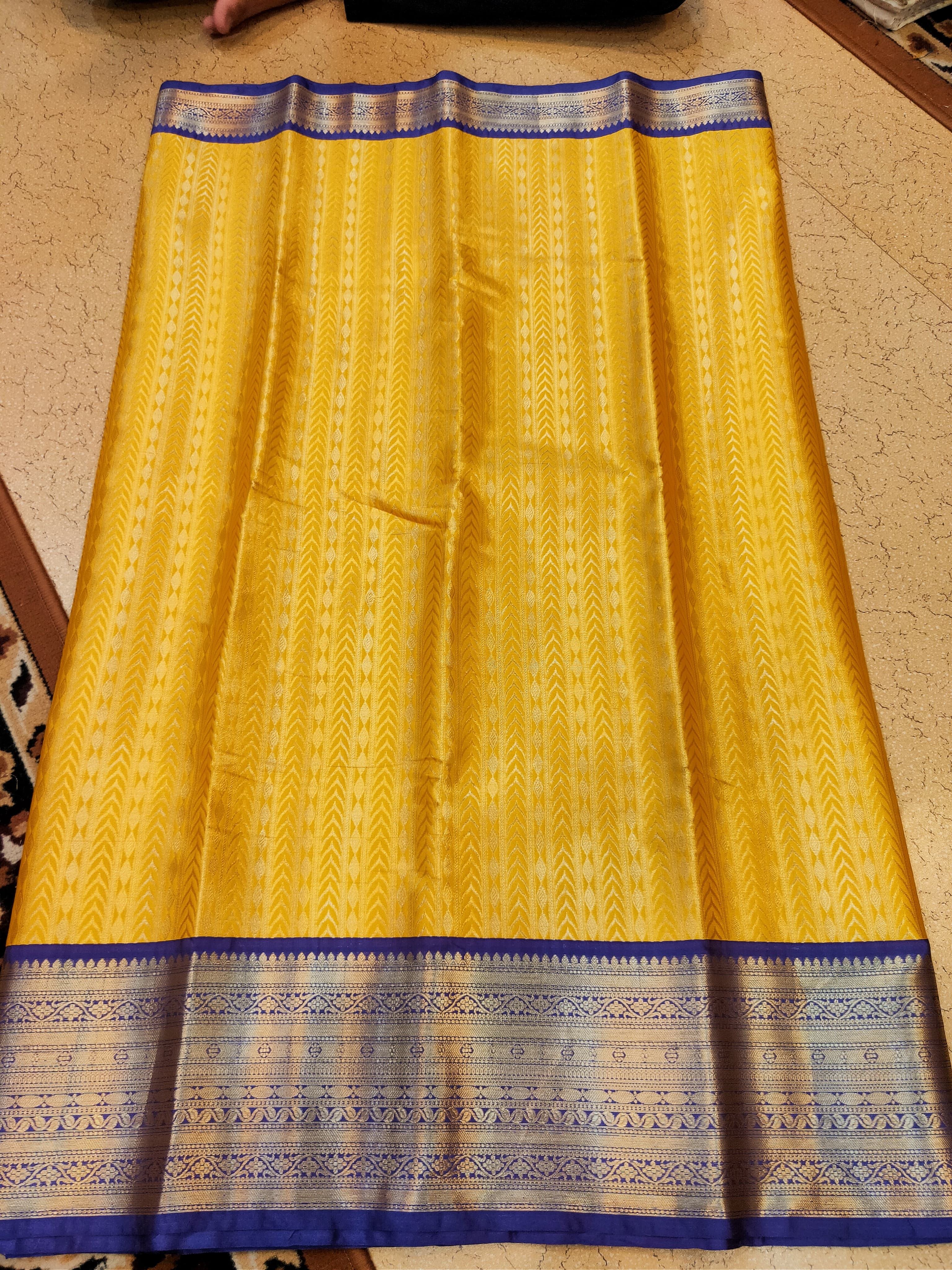 Kanchi Banaras Silk Yellow Blue Zari Border Saree