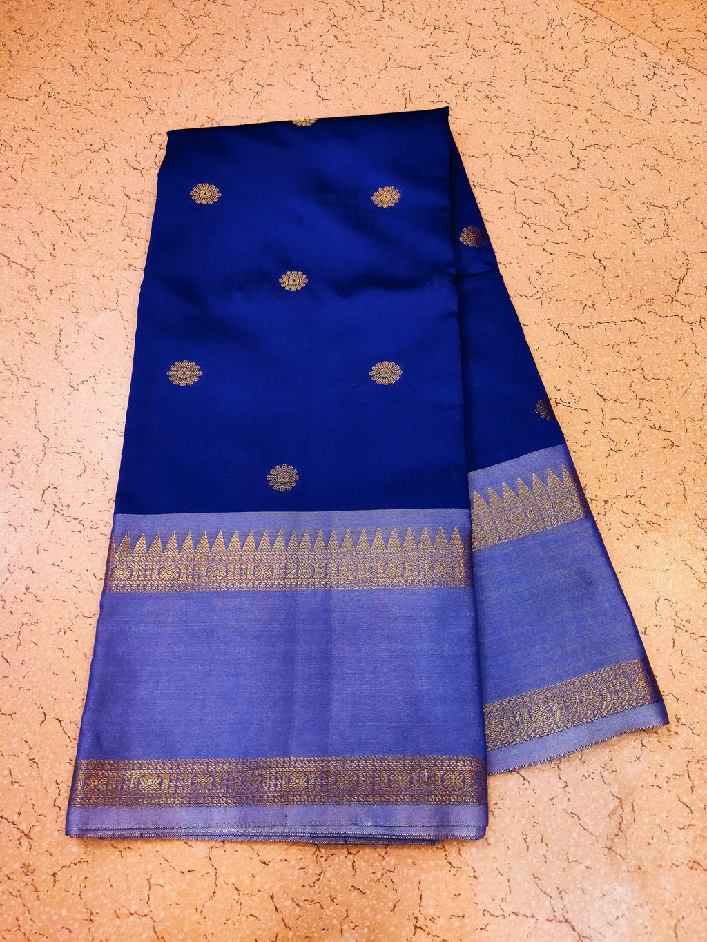 Kanchi Banaras Silk Royal Blue Floral Buti Zari Border Saree